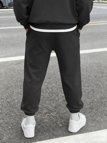Men Retro Gothic Vertical Letter Flame & Planet Graphic Joggers Elastic Cuff Cozy Loose Fit Urban Casual Street Sweat Pants