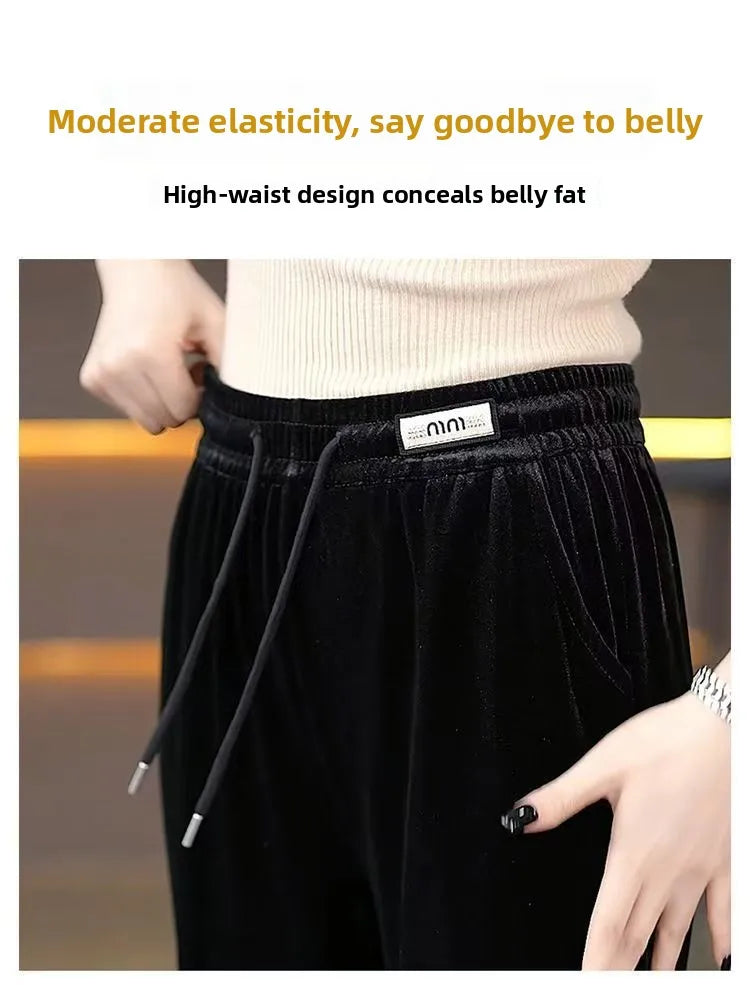 Fashionable Gold Velvet Wide Leg Pants Women's Winter Loose Slimming High Waist Fleece Casual Straight Long Trousers
