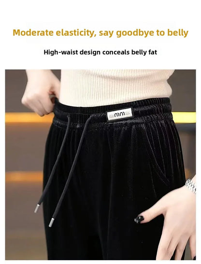 Fashionable Gold Velvet Wide Leg Pants Women's Winter Loose Slimming High Waist Fleece Casual Straight Long Trousers