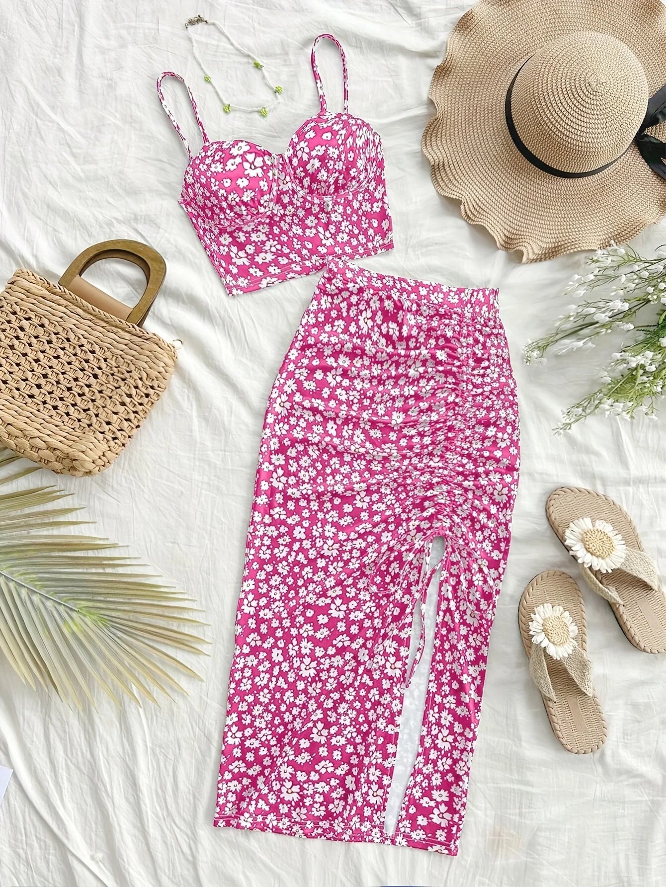 Summer Tops Women's Dress 2 piece suit swimsuit seaside vacation printed suspender Backless Slim top side slit skirt Party Dress