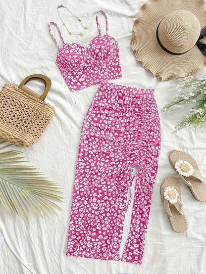Summer Tops Women's Dress 2 piece suit swimsuit seaside vacation printed suspender Backless Slim top side slit skirt Party Dress