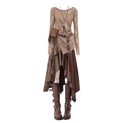 Fall Travel Set Women's Vintage Spicy Hollow Knitted Top with Mellerd Asymmetrical  Skirt Two-Piece Set Casual Style
