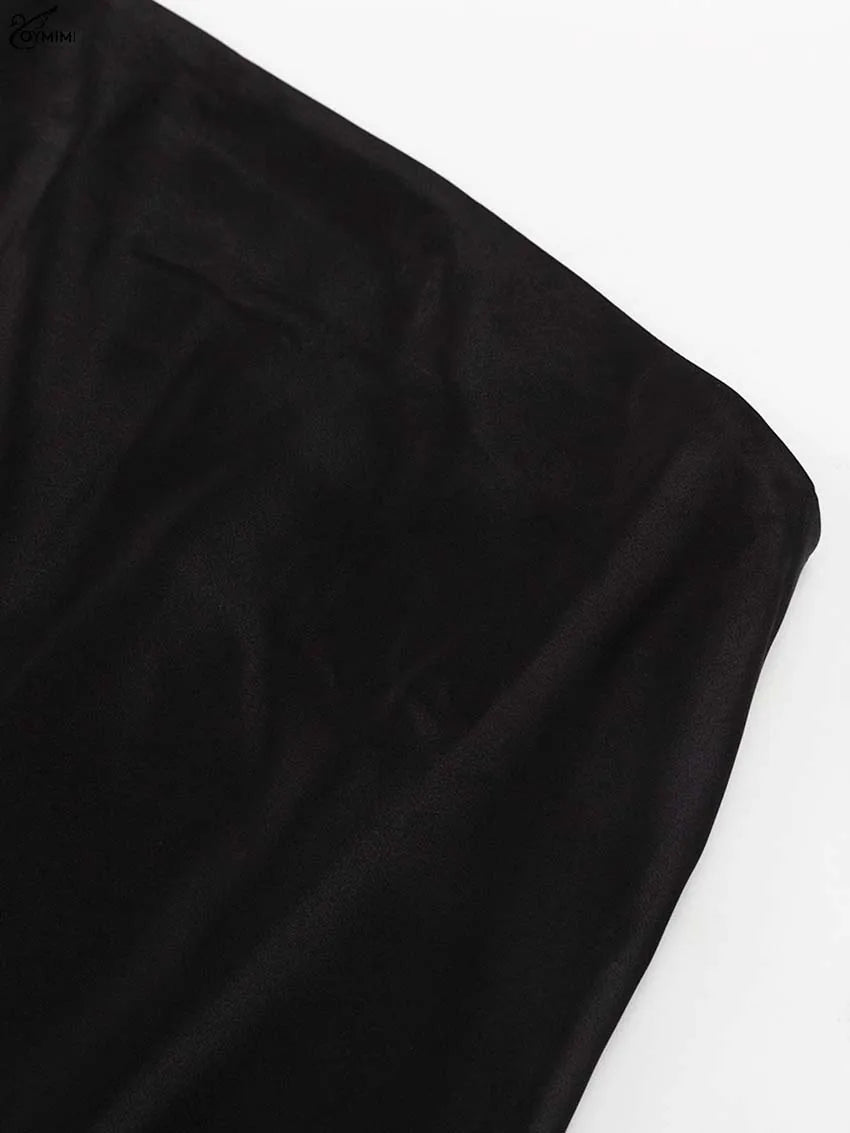 Oymimi Elegant Black Satin Womens Dresses Fashion Strapless Loose Solid Dresses Casual Simple Floor-Length Dress Female Clothing