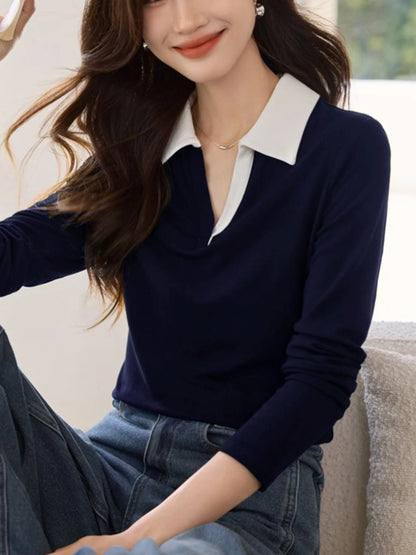 Women's solid color long-sleeved POLO shirt neckline contrast design, spring and autumn fashion casual daily knitted tops.