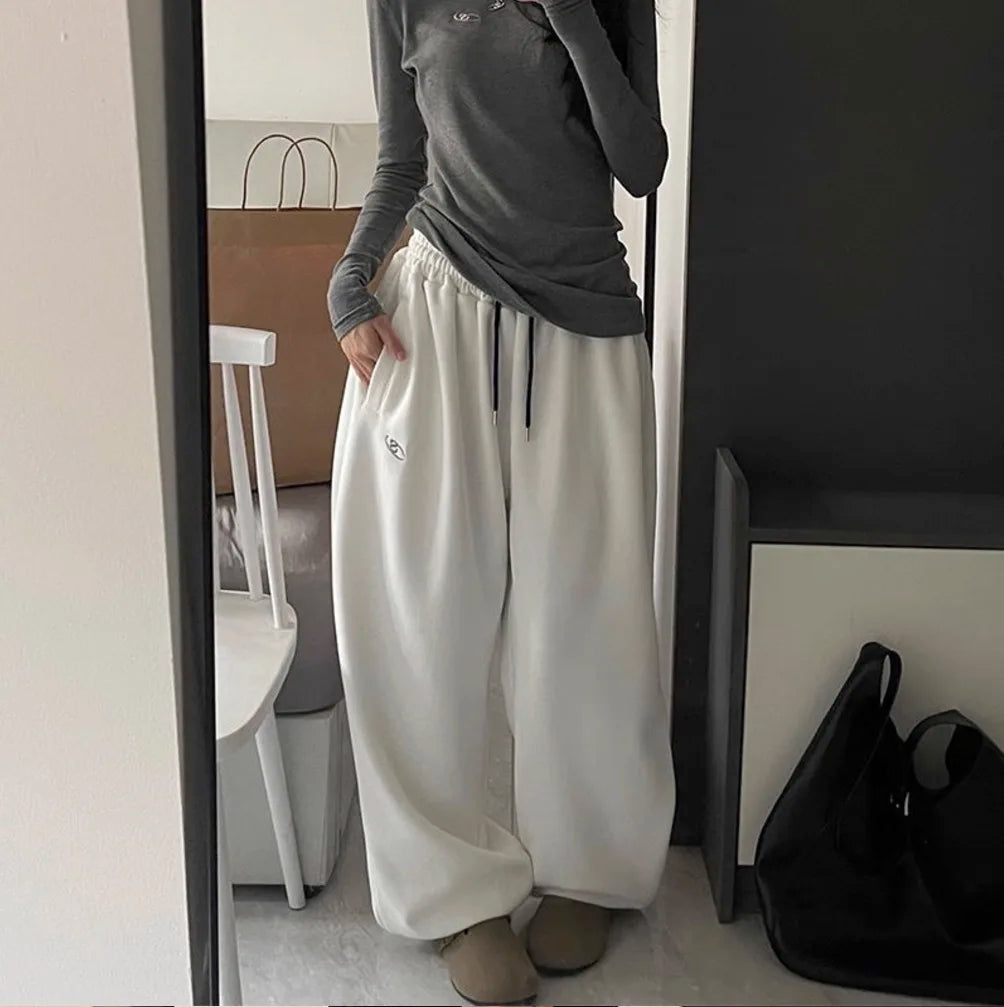 Thickened Fleece Loose Fit Sweatpants Youthful Vitality Style Pure Color Cuffed Casual Pants Spring Autumn Loose Trousers