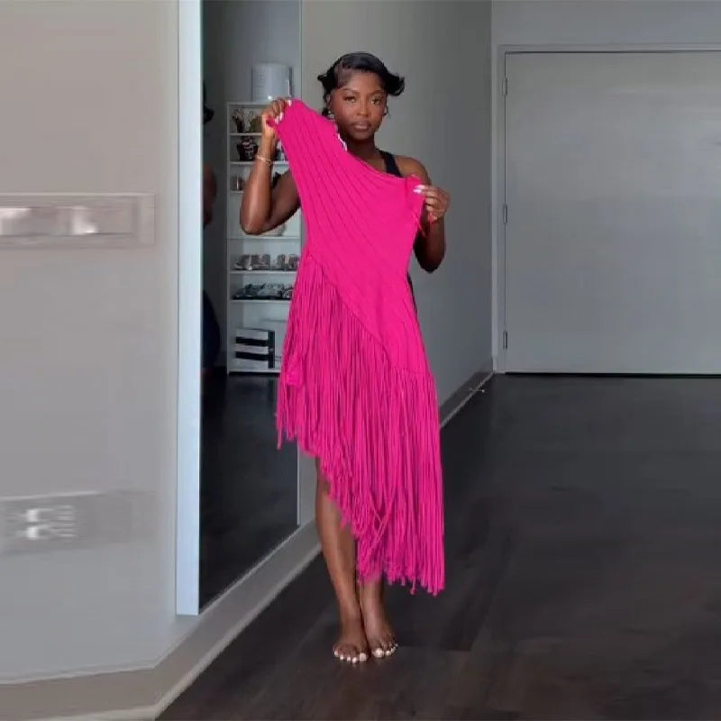 Women New Trend Sexy Fringe Pure Color Skirt  Irregular Cut Backless Sleeveless Party Dresses Stylish Date club Evening Gown