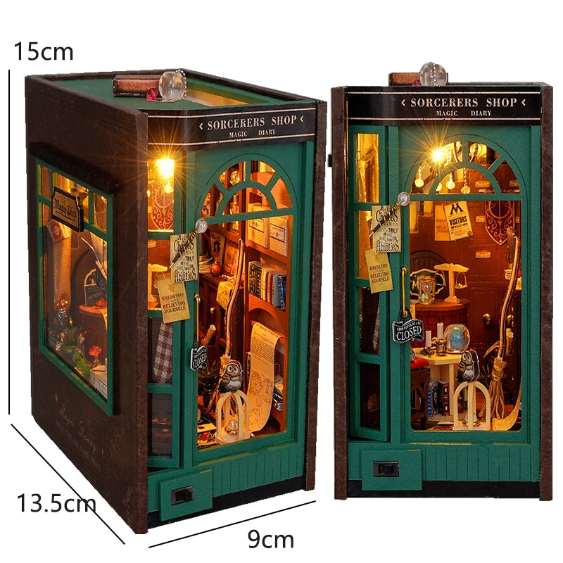 DIY Wooden Doll Houses Book Nook Shelf Insert Kit Miniature Model Kits 3D Puzzle Bookshelf With  LED Lights For Christmas Gifts