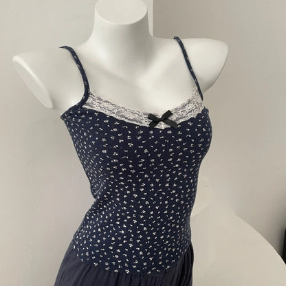 Bow Floral Eyelet Lace Trim Tank Tops Women Summer Cotton Sleeveless Slim Camisole Girls Sweet Cute Preppy Style Crop Top Y2K