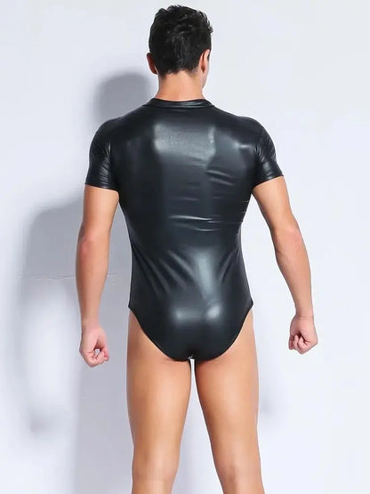 New Short Sleeve Shiny Faux PU Leather Bodysuit Men Front Zipper Tshirt Tights Hot Shapers Sexy Body Teddies Leotard Unitard