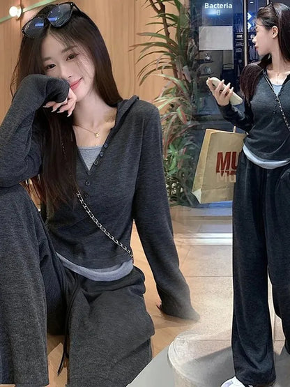Black Soft Plush 2025 New Style Hooded Patchwork Casual Sporty Spring Autumn Leisure Cotton Pants Set Fashionable Trousers