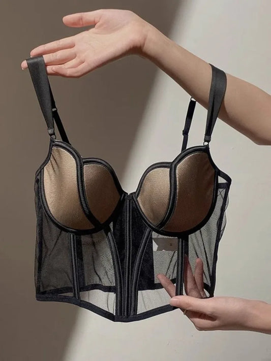 French Style Fishbone Corset Bra Set Push Up Thin Lingerie For Small Breasts Full Support Anti Sag Plus Size S-XL Sexy Underwear