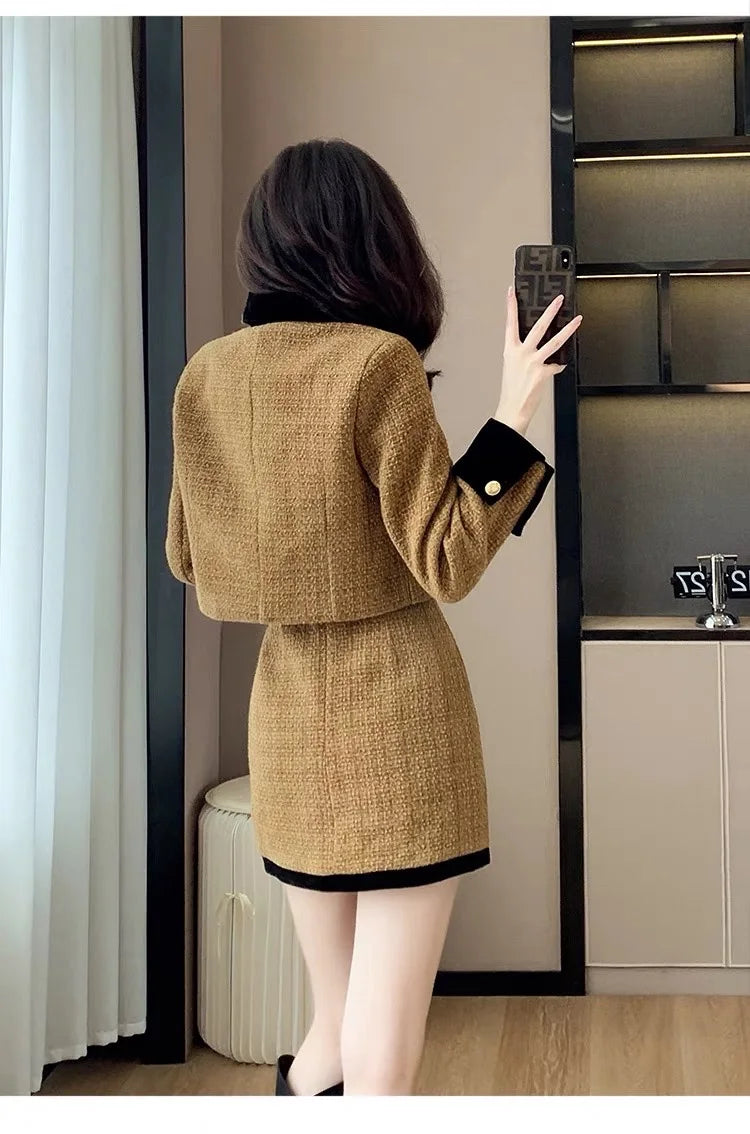 High-End  Style Women's Outerwear Set Autumn Winter New Design High Waist  Skirt Two-Piece Suit Fashionable And Warm