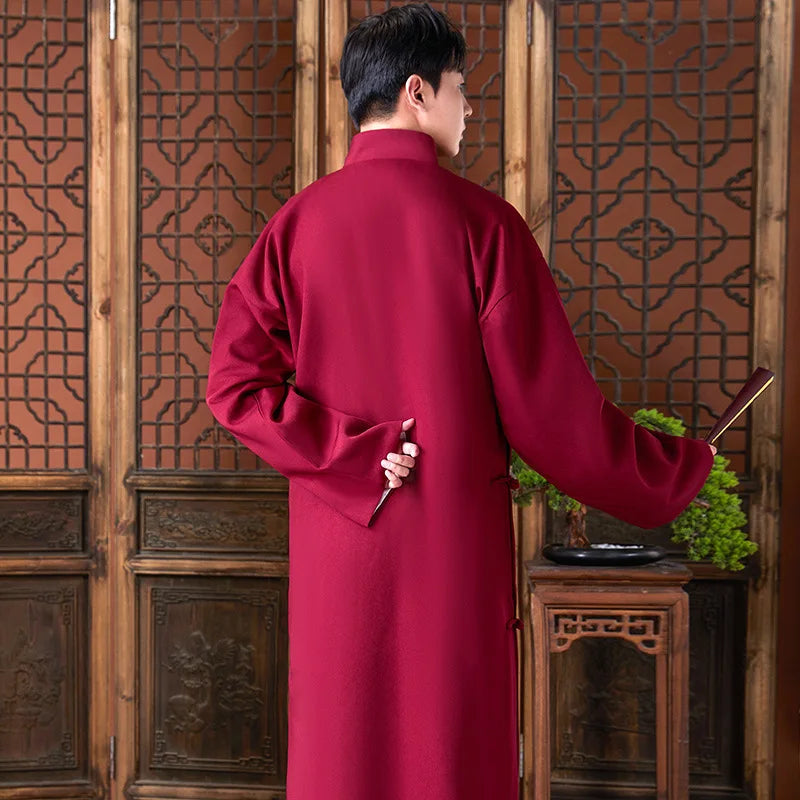 Men's Long Shirt Traditional Chinese Style Retro Fashion No Ironing Required  Groomsmen Suit Thin Shawl Collar