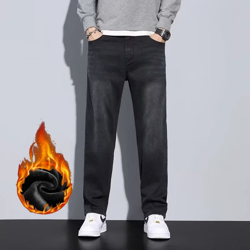 New Men Snow Warm Plush Fleece Jeans Male Daily Youthful Vitality Fashion Loose Straight Denim Pants Thermal Dark Gray Trousers