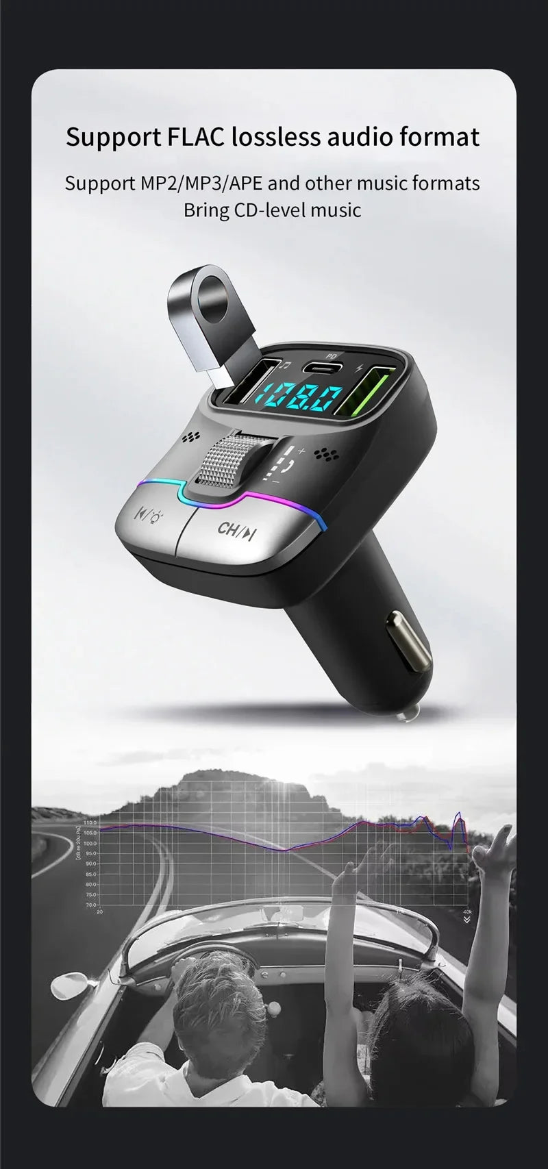 FM Transmitter Bluetooth 5.4 Hands-Free Portable Car AUX Radio Modulator MP3 Player with Fast Charging Adapter