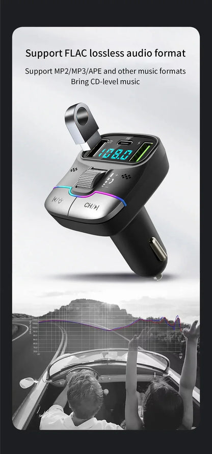 FM Transmitter Bluetooth 5.4 Hands-Free Portable Car AUX Radio Modulator MP3 Player with Fast Charging Adapter