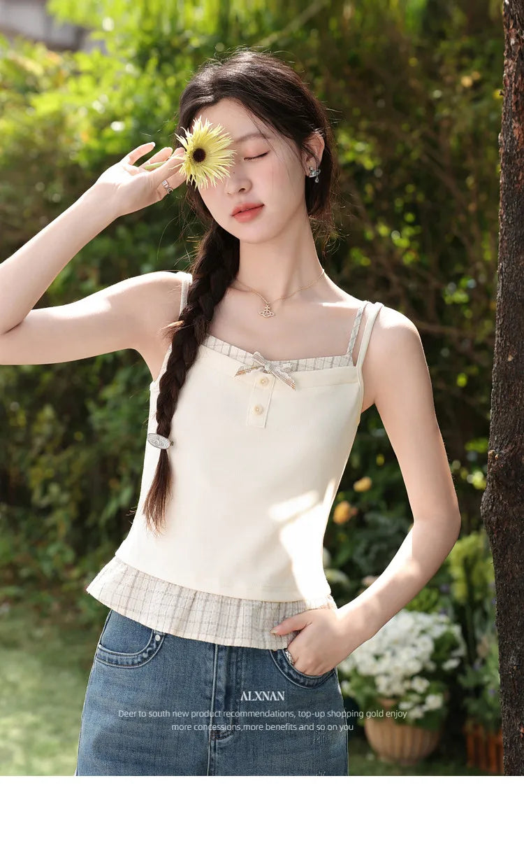 ALXNAN Cream Yellow Plaid Spliced Camisole Women 2026 Summer Elegant Sweet Beach Sleeveless Tops Casual Bow Design Camis L62323