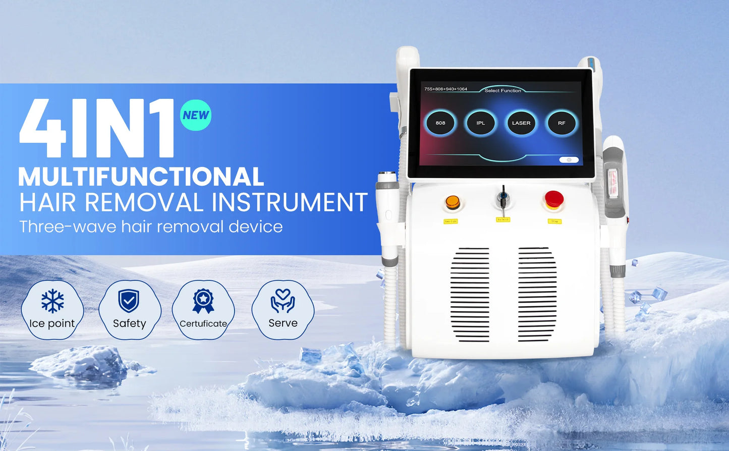 4 IN 1 Soprano Titanium Ice Platinum RF Diode 755 808 940 1064nm 4 Wave Laser ND:YAG Machine Painless Hair Removal Machine