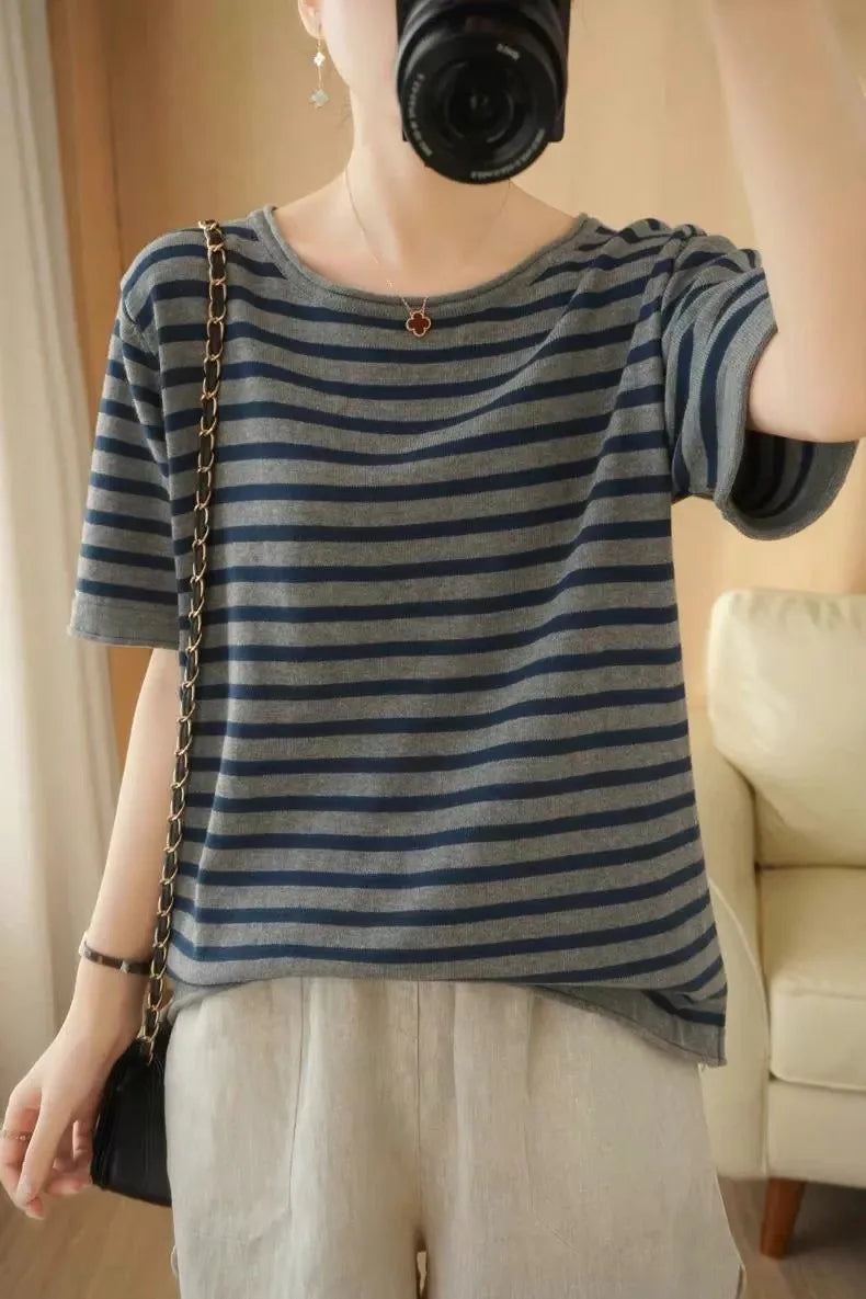 100% Pure Cotton Summer Stripe Short Sleeve T-Shirt Women Loose round Neck Vest Cotton Linen Half Sleeve Commute Style Simple