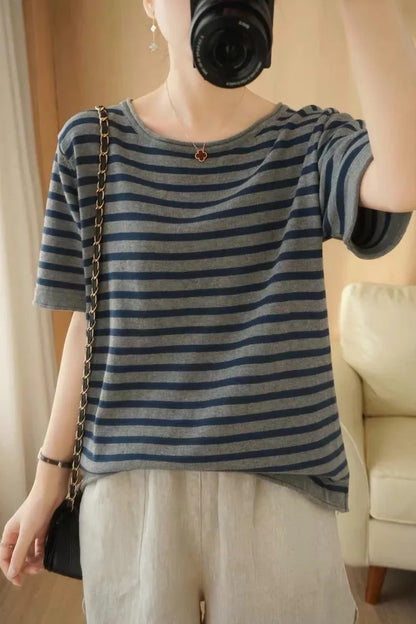 100% Pure Cotton Summer Stripe Short Sleeve T-Shirt Women Loose round Neck Vest Cotton Linen Half Sleeve Commute Style Simple