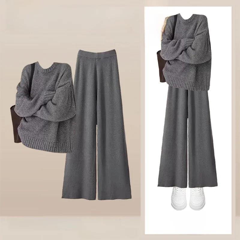 Loose Knitted Sweater And Wide Leg Pants Two Piece Set for Women Autumn Winter Comfortable Style plus Size Retro Casual Outfit