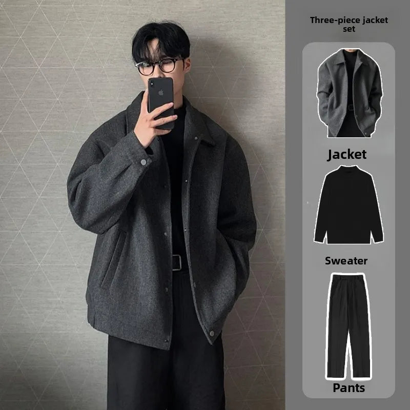 Men's Woolen Jacket Set Casual Autumn Winter Style Youth Long Sleeve Pants Three Piece Suit Elegant Fashionable Men's Wear