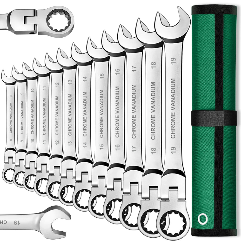 Ratchet Spanner Wrench Set Gear Ring Ratcheting Combination Wrench Kit Metric Flexible Head with Canvas Bag  Metric Flex Head