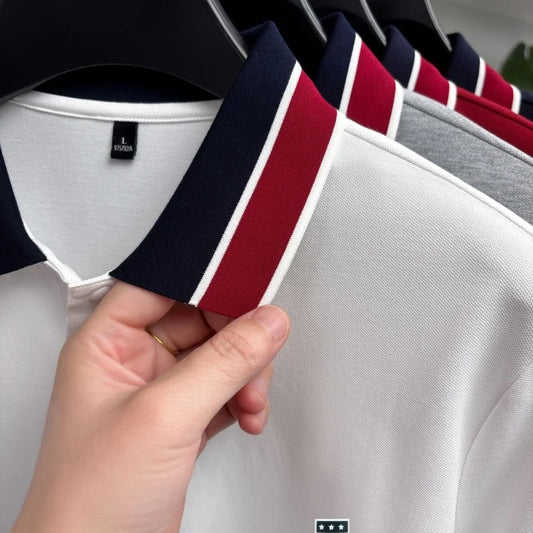 Hot-Selling Man Pullover Short-Sleeved Polo Shirt Striped Design Lapel Button High Quality Stamp Daily Commute New Mens Clothing