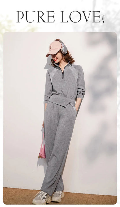 LOUIS YAO Women Two Pieces Set 2024 Autumn Stand Collar Long Sleeve Long Pants Set Sweatshirt Sporty Fashion Set