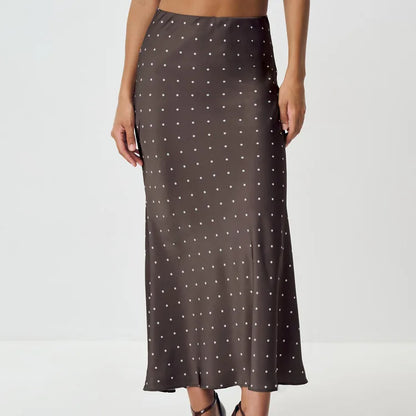 Two Piece Skirt Set Printed Polka Dot Satin Skirt Set Women's Long Sleeved Lace Up Shirt+high WAIST Midi Skirt Set