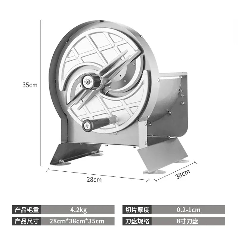 New small manual multi-function slicing machine. Cuts lemon slices, lotus root, fruits and veggies. For milk tea shops.