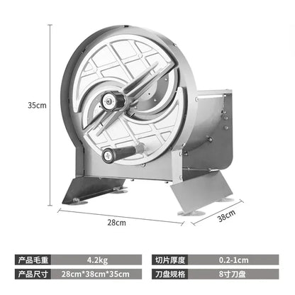 New small manual multi-function slicing machine. Cuts lemon slices, lotus root, fruits and veggies. For milk tea shops.