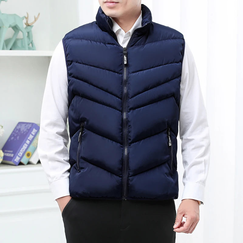 Winter Business Wool Lined Vest Jacket Men Slim Fit Stand Collar Sleeveless Puffer Jackets Autumn Casual Waistcoat Men Warm Coat