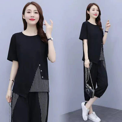 Summer New Style Women's Sporty Casual Short Sleeve TT Shirt Set Large Size Two-Piece Fashionable Korean Trendy Outfit