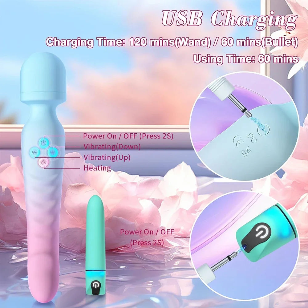 Heating AV Wand Vagina Vibrator for Women G-Spot Clit Stimulator Nipples Breast Massager Female Masturbator Sex Toy for Women