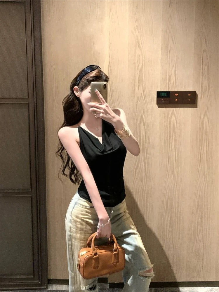 Women's Summer Cowl Neck Tank Top with Chain Strap Sexy Open Back Sleeveless Cami Y2K Streetwear Crop Top