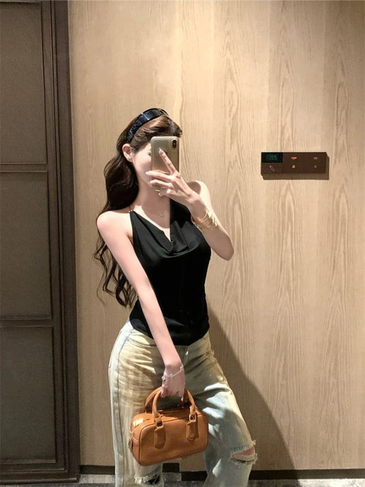 Women's Summer Cowl Neck Tank Top with Chain Strap Sexy Open Back Sleeveless Cami Y2K Streetwear Crop Top