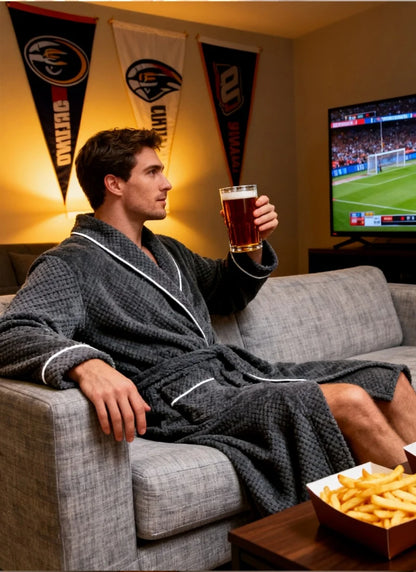 Men Coral Fleece Bathrobe Ultra Soft Jacquard Plush Long Sleeve White Trim with Pockets for Winter Home Luxury Warm Loungewear C