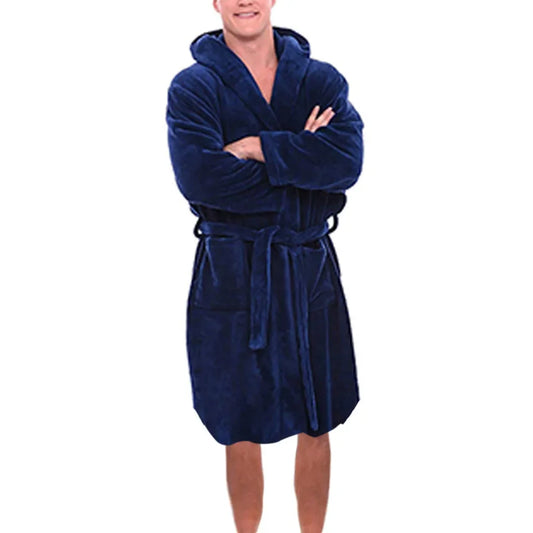 Men Long Bath Robe Home Gown Sleepwear Nightgown Solid Color Fall Winter Fleece Warm Long Robe Pajamas Anti-freeze