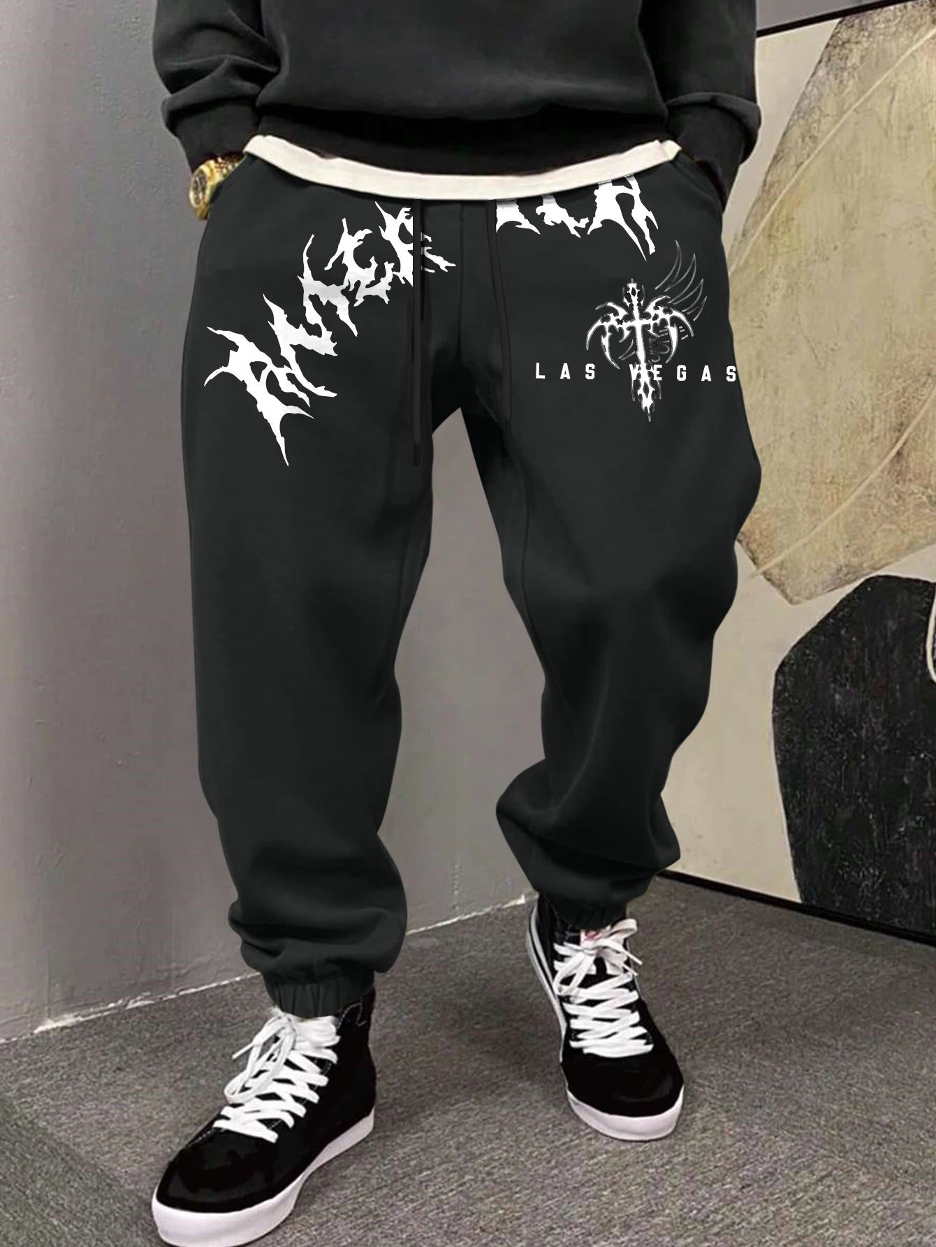 Men's Gothic Jagged Metal Font Wing Cross Las Vegas Print Sweatpants Elastic Waist Soft Dark Punk Street Hip Hop Joggers