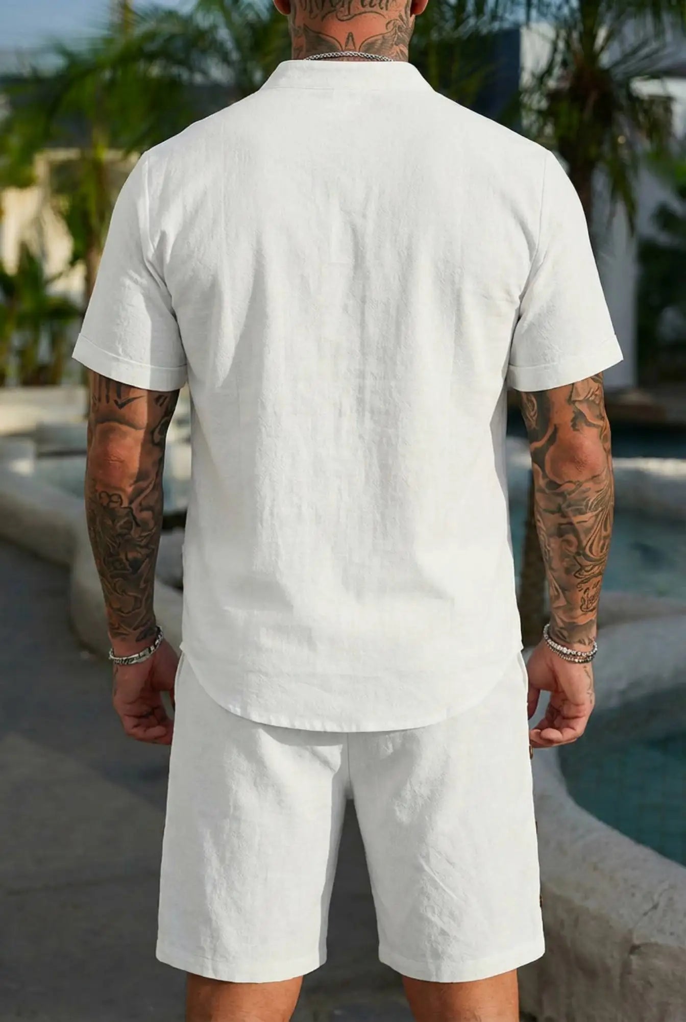 Summer linen shirt set for men, casual outdoor two-piece set, home wear pajamas, comfortable and breathable, beach short-sleeved