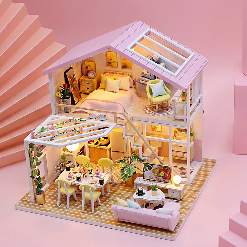 Wooden Miniature Doll House 3D Puzzle Assembly Model Building Toys Home Bedroom Decoration With Furniture LED Lights DollHouses