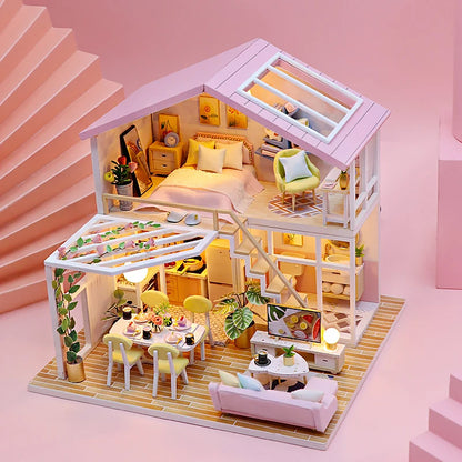 Wooden Miniature Doll House 3D Puzzle Assembly Model Building Toys Home Bedroom Decoration With Furniture LED Lights DollHouses