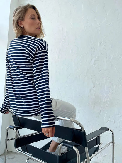 Bornladies 2025 Summer Long Sleeve Striped T-Shirts Women Basic Casual Tops Female Cozy Loose Cotton Tees Harajuku T Shirt New