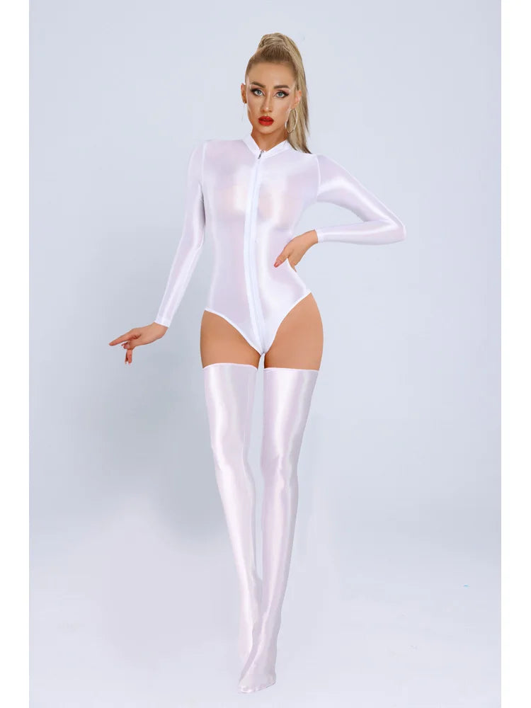 New Glossy Shiny Long Sleeve Swimsuit Zipper Crotch Bodysuit Tights Body Teddies Sukumizu High Elastic Leotard Unitard Tshirt