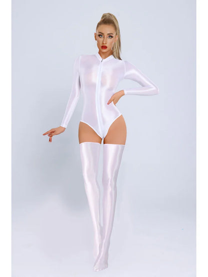 New Glossy Shiny Long Sleeve Swimsuit Zipper Crotch Bodysuit Tights Body Teddies Sukumizu High Elastic Leotard Unitard Tshirt