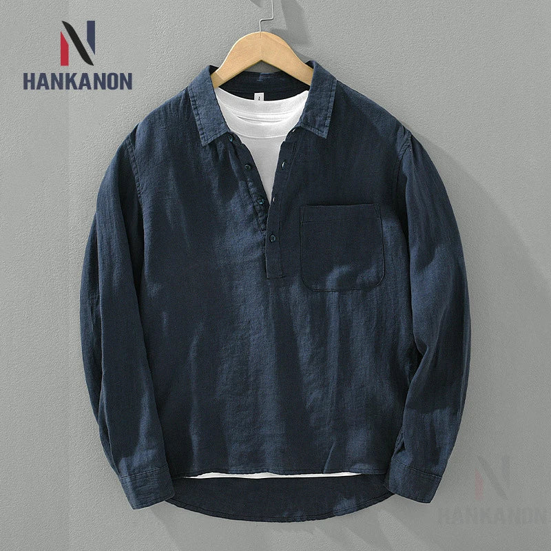 100% Linen Loose Square Collar Long Sleeve Shirt, Men's Pullover Leisure Stone Washed Linen Top, Outdoor Camping Natural Fabric