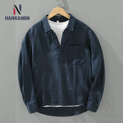 100% Linen Loose Square Collar Long Sleeve Shirt, Men's Pullover Leisure Stone Washed Linen Top, Outdoor Camping Natural Fabric