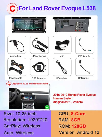 STWEI 10.25inch HD 8 Core Android13 Wireless Carplay Auto For Range Rover Evoque L538 Car Multimedia  Digital AirCon AC Panel