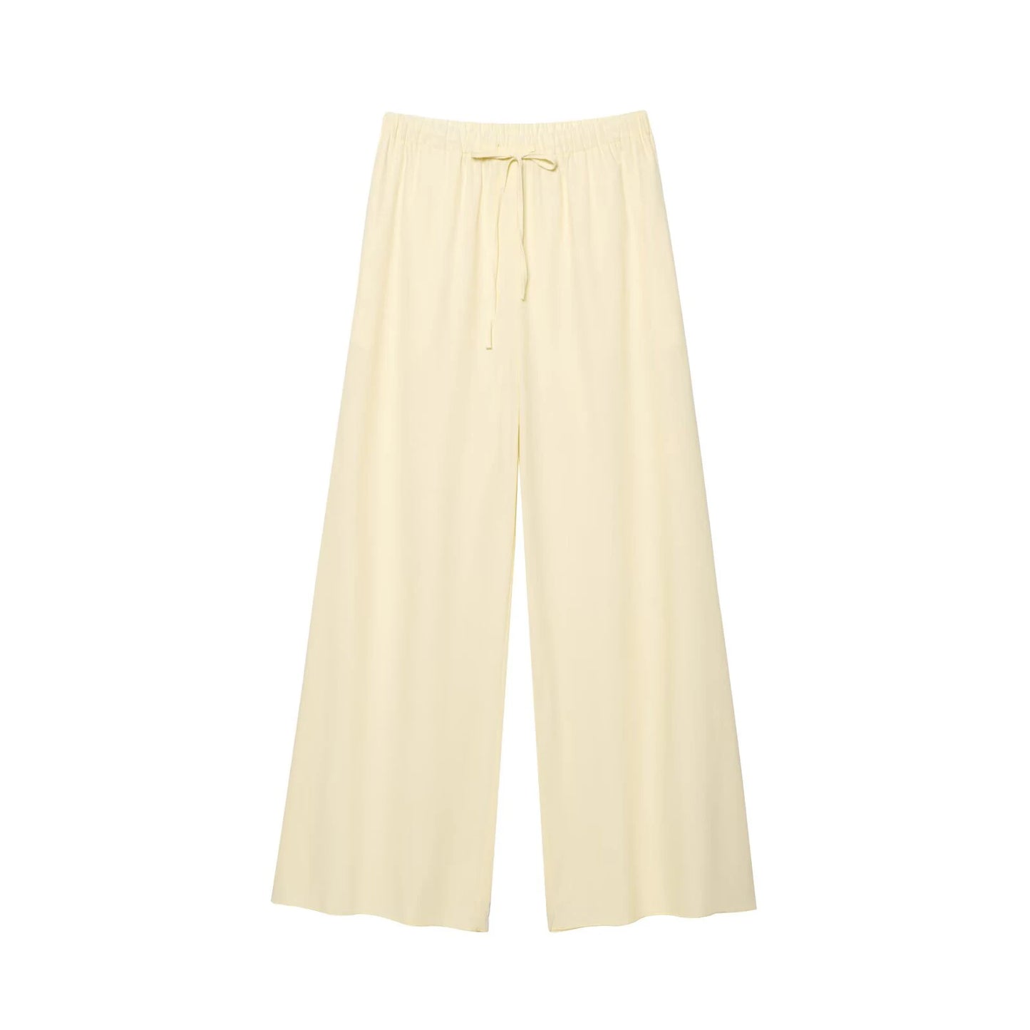 HH Women Chic Solid Simple Wave Edge V-Neck Puff Sleeves Short Shirt Top+High Waist Draw Rope Design Casual Loose Trousers